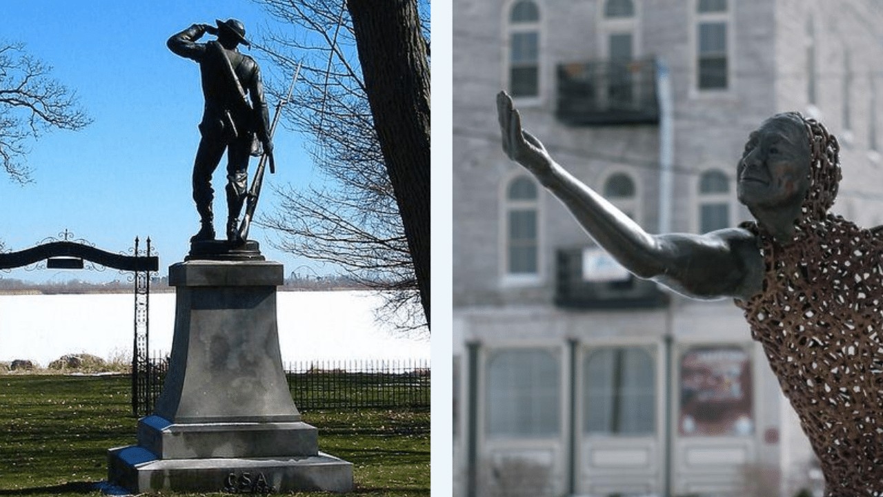 Johnson's Island Confederate Statue alongside the Underground Railroad Statue in Sandusky